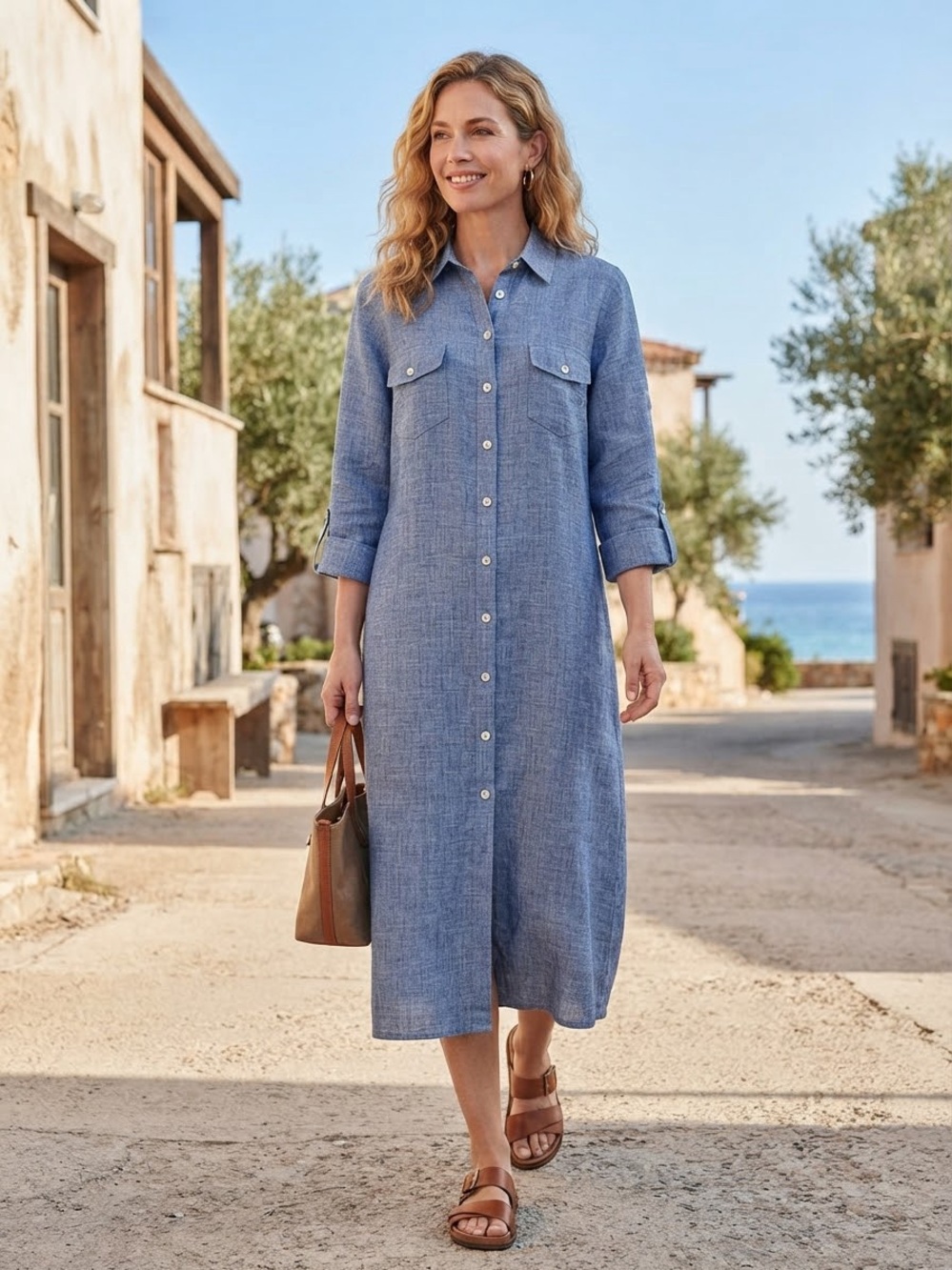 Foxcroft Fitted Fit 100% Linen Blue Button-Down Shirt Dress Size 14